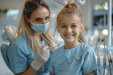牙医给女孩检查牙齿图片