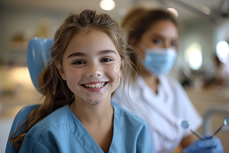 小女孩在牙医椅上微笑图片