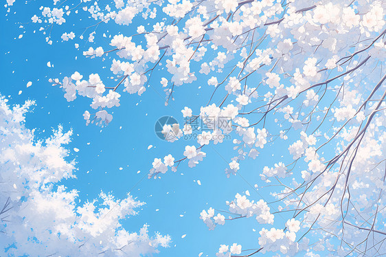 蓝天下盛开的白樱花图片