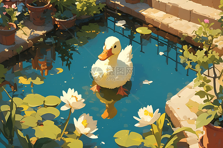 小鸭子漂浮在池塘上图片