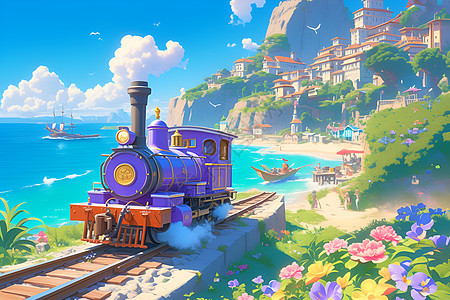 紫色列车穿过海滩图片
