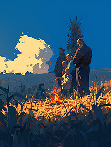 火堆旁的农民图片