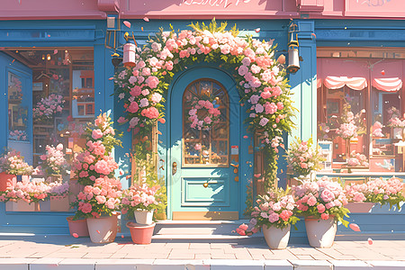 门店招牌门店前的鲜花拱门插画