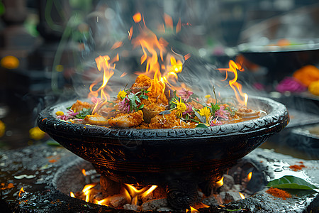 一碗冒着火焰的美食图片