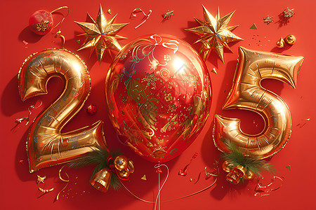 浮空气球组成的数字2025飘在酒红色背景上图片