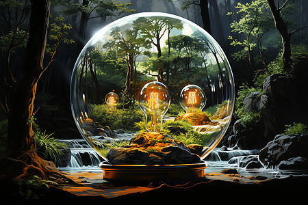 玻璃灯罩灯泡里的仙境设计图片