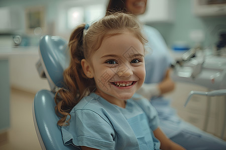 小女孩坐在牙医椅上图片