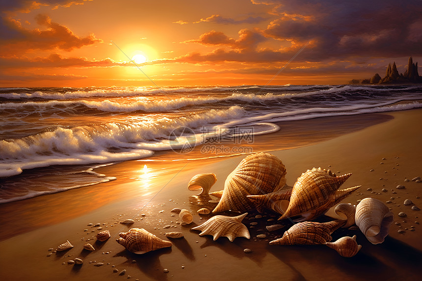 黄昏海滩上的贝壳图片