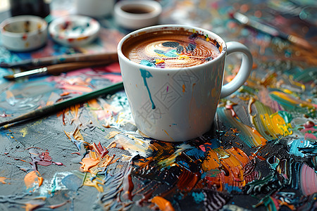 咖啡杯旁的油漆图片