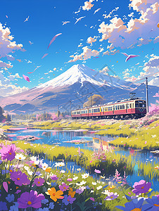 绚丽花海中的列车旅途图片