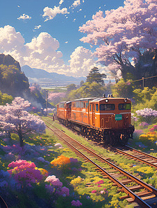 春日乡野中穿行的火车图片