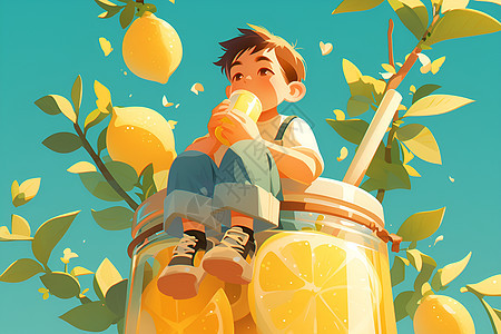 男孩喝着柠檬水图片