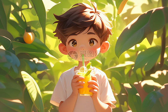可爱的男孩喝着果汁图片