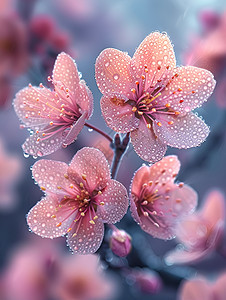 粉色花朵上的水珠图片