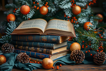 圣诞树旁的书籍图片