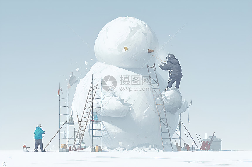 巨大雪人创作中图片