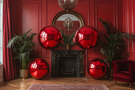 浓郁的酒红色环充气气球优在壁炉前背景