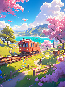 樱花季里的粉色列车图片