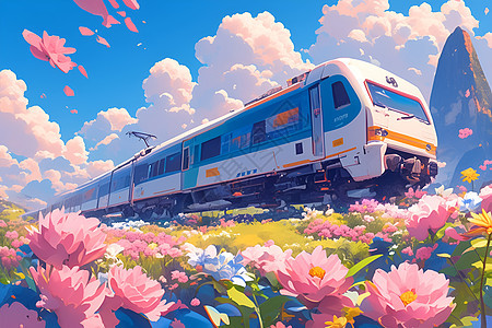 白色火车穿梭在芍药盛开的草地上背景图片