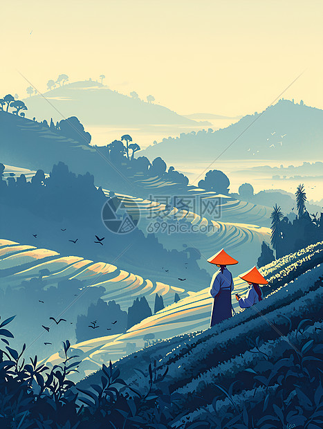 山坡中采茶的农民图片