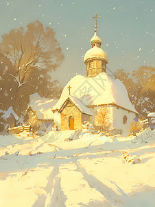 冬日里飘雪的乡村教堂图片