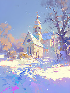 乡村雪景中的教堂图片