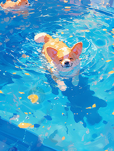 小狗闭着眼睛在泳池中图片