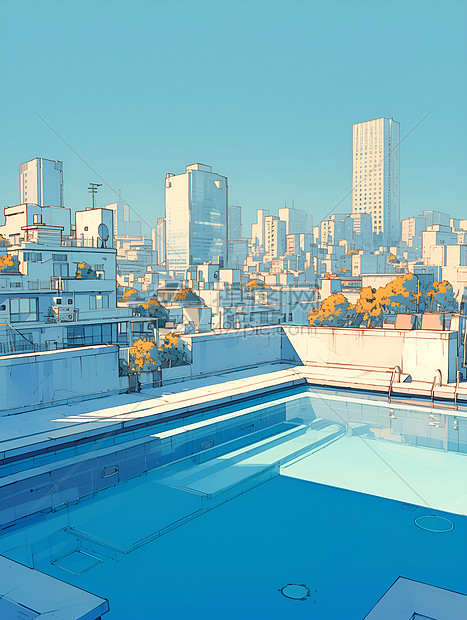 城市建筑屋顶的游泳池图片
