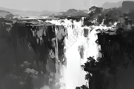 黑白瀑布中国水墨画图片