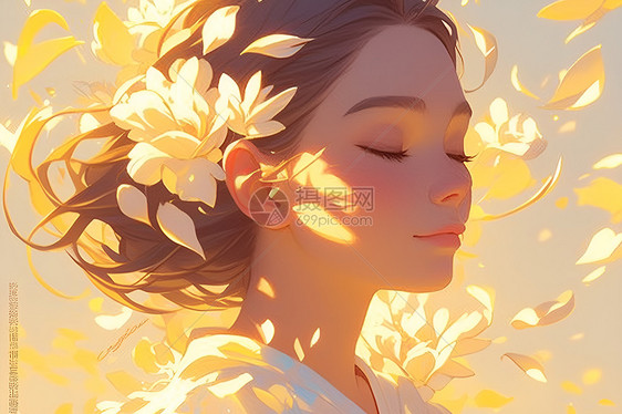 黄色花香中的宁静女孩图片