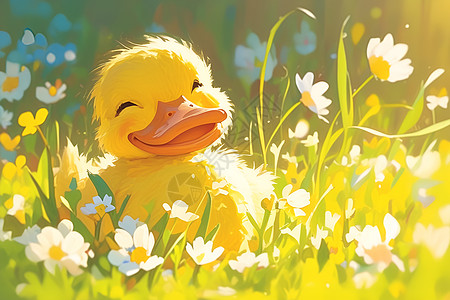 阳光照耀下一只黄色小鸭子图片