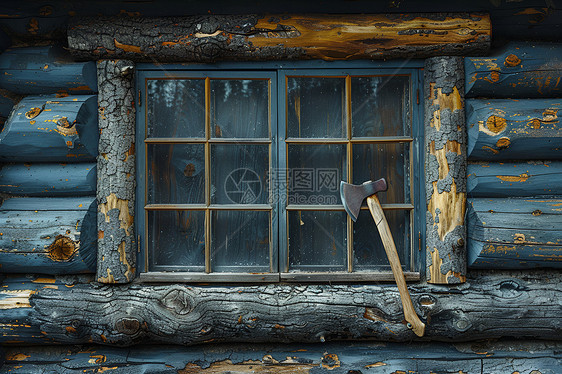 木屋窗户上的斧头图片