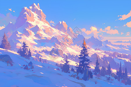 雪山美景插画图片
