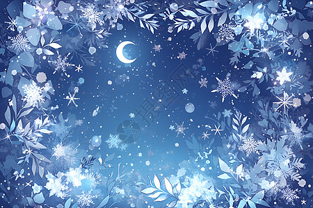 雪地树叶月色下的冰雪树叶插画