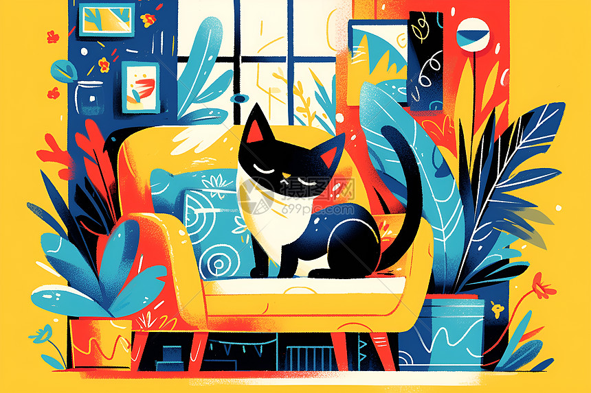 猫咪与花园插画图片