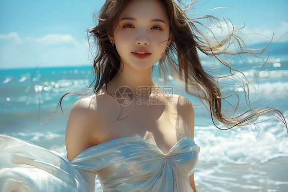 白裙少女海边的甜美微笑图片