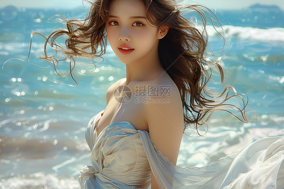 沙滩边上一位身穿白色裙子的可爱女孩图片