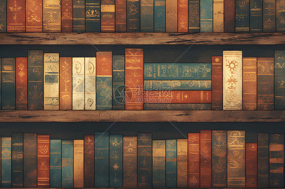 木质书架上的书本图片