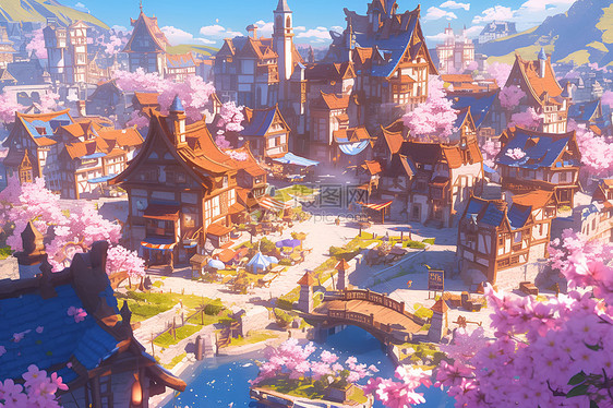 粉色樱花下的迷人村庄图片
