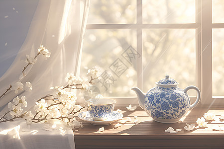 蓝白茶壶图片