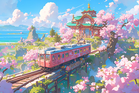 粉色火车穿过樱花树图片