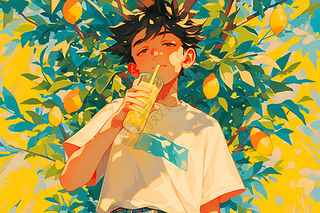 少年饮柠檬水图片