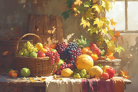 桌子上丰盛的水果图片