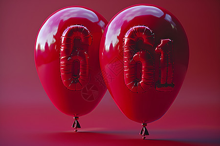 红衬底上的两个充气球组成了数字61图片