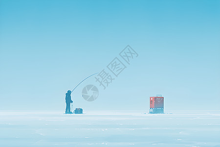 冰湖钓鱼的渔夫图片