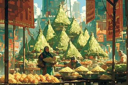 热闹市场中的绿粽图片