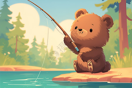 河边钓鱼的小熊图片