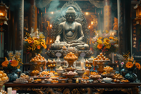 佛像和贡品供奉佛祖高清图片