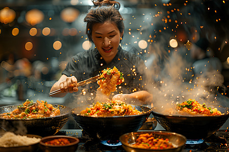 女子炒菜锅具招牌菜高清图片