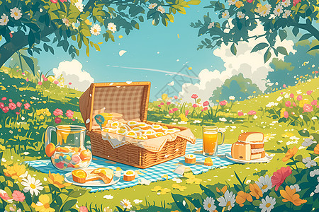 草地上的野餐布和美食图片